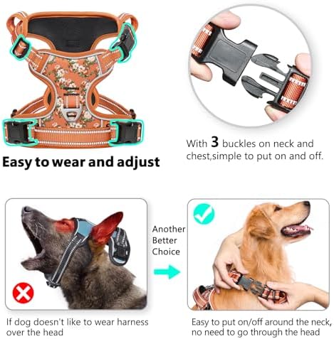 Timos Dog Harness Medium Sized, Quick Release 3 Buckles, Flower Orange - Image 2