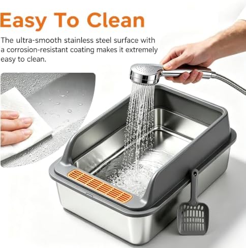 High-Sided XL Stainless Steel Cat Litter Box, Includes Scoop - Image 6