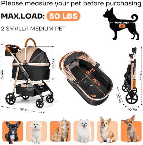Dog Cat Stroller for Small/Medium Pets, 50 lbs, 3-in-1 Pet Stroller - Image 4