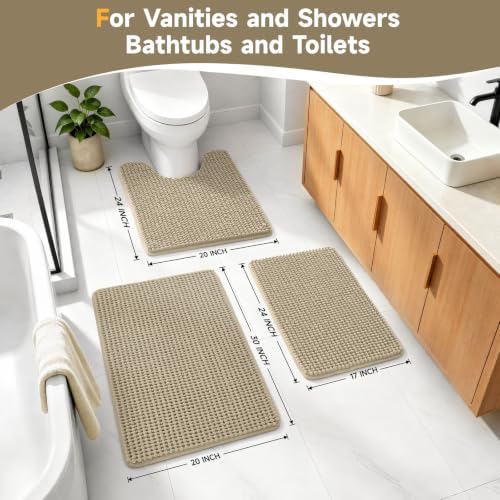 Ophanie Beige Bathroom Rugs Sets 3 Piece, Soft Chenille Bath Mat, Non Slip - Image 2