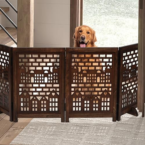 Freestanding Dog Gate 72", Foldable Wooden Pet Barrier, House Design - Image 5