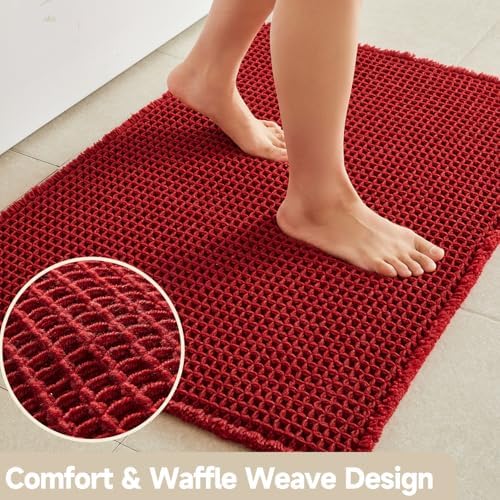 TYUU Waffle Runner Rug Bathroom, Long Boho Bath Mat, 60x24 Burgundy - Image 3