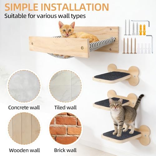 Cat Wall Hammock with 3 Steps, Pine Wood Wall Mounted Kitty Bed & Climbing - Image 4