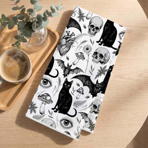 2 Pcs Skeleton Cat Kitchen Towels, Mushroom Durable Microfiber Tea Towels - Image 3