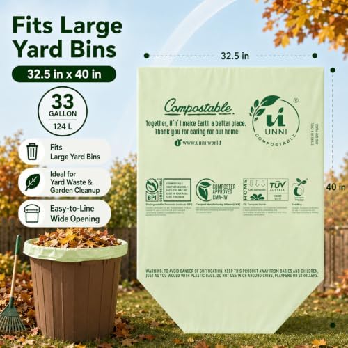 UNNI 30-33 Gallon Compostable Bags, 124 L, Extra Thick 1.1 Mil - Image 3