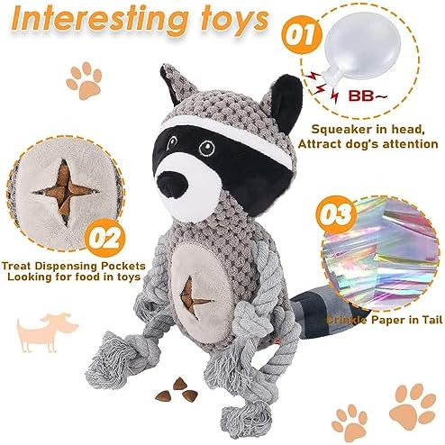 Elephant Rope Dog Toy, Plush Raccoon Squeaky Dog Toy, 2 Pack - Image 3