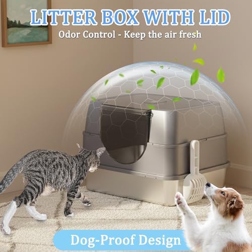Enclosed Cat Litter Box with Flip-Top Lid, Stainless Steel Large Covered Litter - Image 4