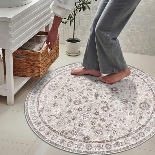 Washable Small Round Rug Soft Floral Low Pile Non Slip 2round Beige - Image 3