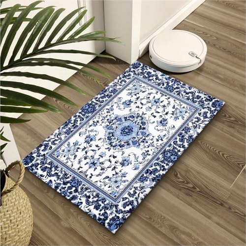 Giwawa Boho Floral Bath Rug Blue Leaves Soft Absorbent Bath Carpet 20x32 Inch - Image 6