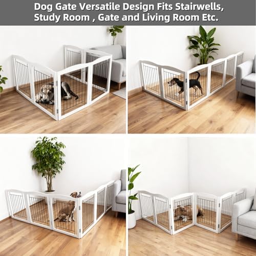 ZJSF Freestanding Foldable Dog Gate Wooden Extra Wide White Puppy Gate 6 Panels - Image 3