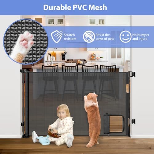 Retractable Baby Gates with Door 55" Wide Retractable Dog Gate with Pet Door - Image 3