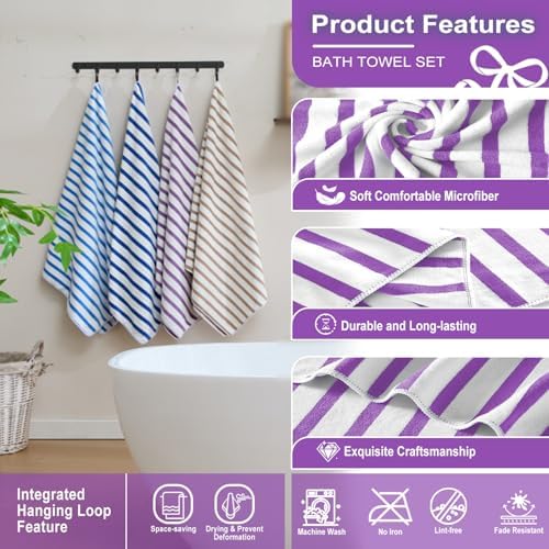 JML Microfiber Beach Towels, 4 Pack, Cabana Stripe Purple - Image 3