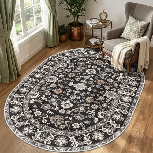Washable Oval 5x6 Area Rug Soft Floral Carpet by NYZEL