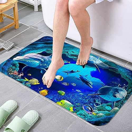 Navy Blue Non Slip Bath Tub Mat Ocean Shower Mat Non-Slip Cute Dolphin Blue Sea - Image 2