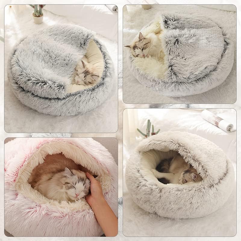 Round Fluffy Hooded Cat Bed Cave, Anti-Anxiety Cave Bed - Image 5