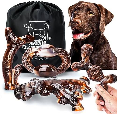 Dog Chew Toys for Aggressive Chewers 4 Pack, Indestructible Dog Toys, Bacon by OSORD