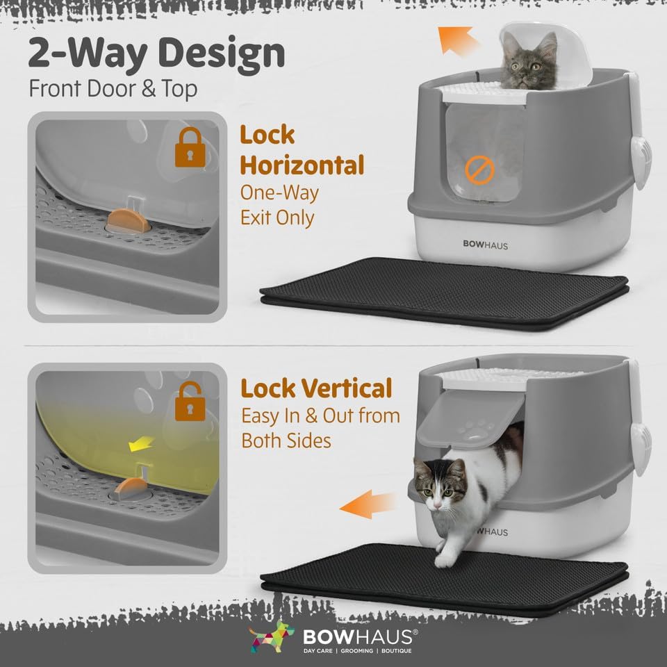 BOWHAUS Fully Enclosed Cat Litter Box w/Lid, Cat Mat & Odor Fitter, Large - Image 5