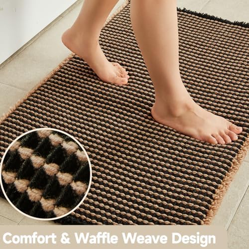 TYUU Waffle Bath Mat, Boho Bathroom Rugs Non Slip, 36x24 Khaki & Black - Image 4