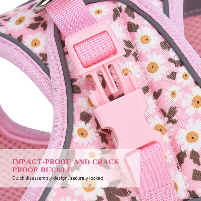 Small Dog Harness Pink Daisy Flowers No Pull Reflective Harness - Image 7