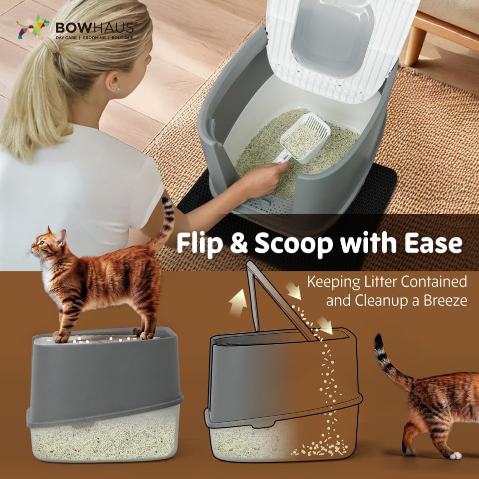 BOWHAUS Fully Enclosed Cat Litter Box w/Lid, Cat Mat & Odor Fitter, Large - Image 3