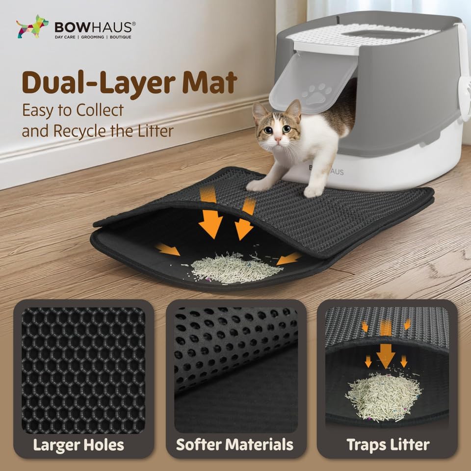 BOWHAUS Fully Enclosed Cat Litter Box w/Lid, Cat Mat & Odor Fitter, Large - Image 4