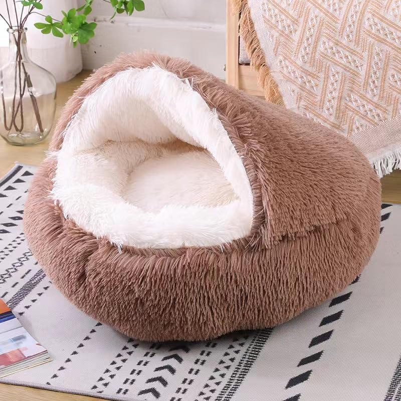 Cat Bed Round Fluffy Hooded Cat Bed Cave, Anti-Anxiety Cave Bed - Image 6