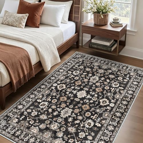Washable 4x5 Rug for Entryway Non Slip Indoor Soft 5x4 Carpet Black by NYZEL