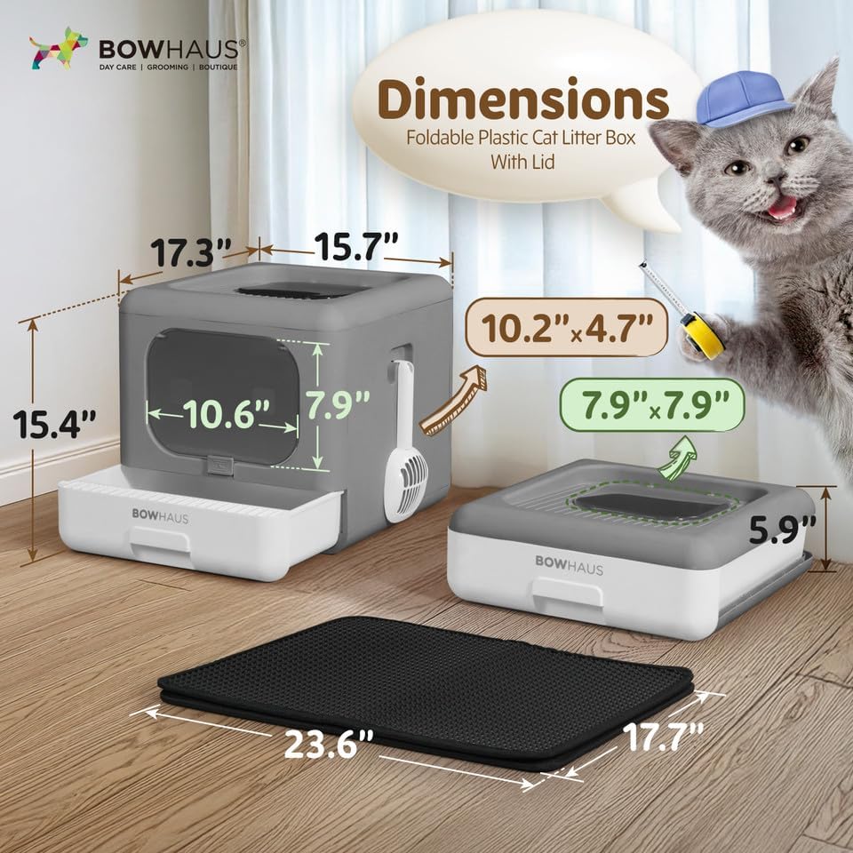 BOWHAUS Foldable Cat Litter Box w/Lid, Scoop & Mat, Drawer Design Cat Toilet - Image 2